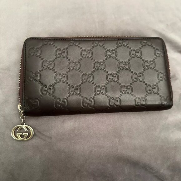 Gucci GUCCISSIMA GG Interlocking Monogram Dark Brown Bee Zippy Wallet AUTHENTIC - Picture 1 of 16